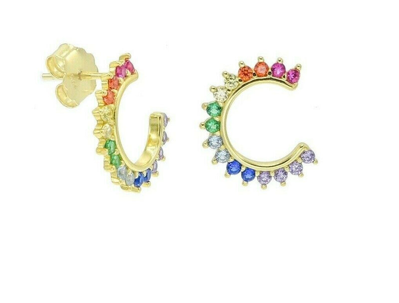Real Sterling Silver 925 Gold Plated Rainbow Stud Earrings(15mm) C Shape