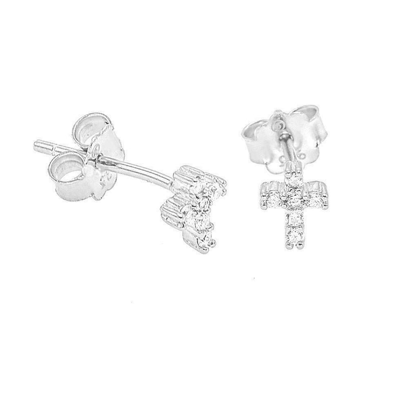 Unisex 14K Gold Over Sterling Silver Round CZ Tiny Cross Stud Earrings