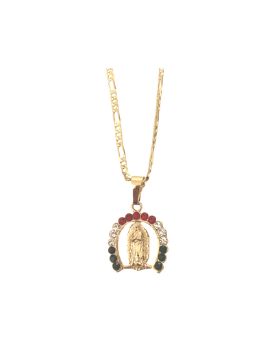Multicolor Our Lady of Guadalupe Horse Shoe Pendant with 20” Figaro Chain